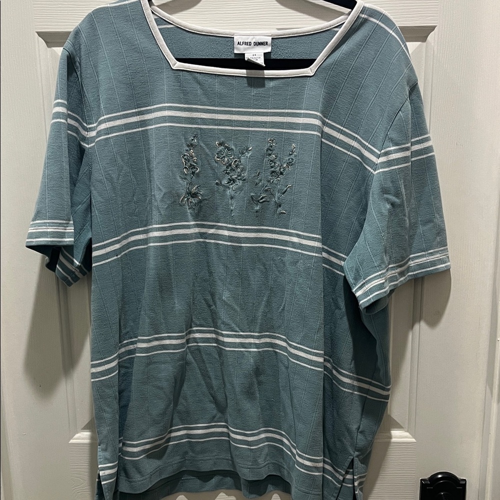 Alfred Dunner Teal Striped Floral Top